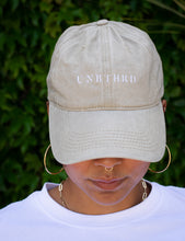 Load image into Gallery viewer, UNISEX DISTRESSED BASEBALL CAP. UNBOTHERED LOGO EMBROIDERED. KHAKI COLOR
