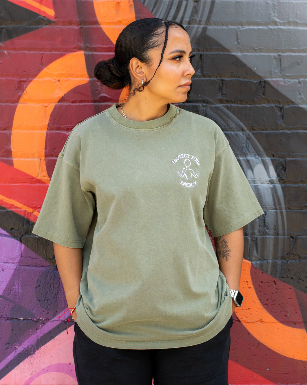 SAGE GREEN OVERSIZED T-SHIRT WITH FULL PROTECT YOUR ENERGY LOGO EMBROIDERED