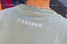 Load image into Gallery viewer, BACK OF THE OVERSIZED SAGE GREEN SHIRT EMBROIDERED LOGO UNBTHRD 
