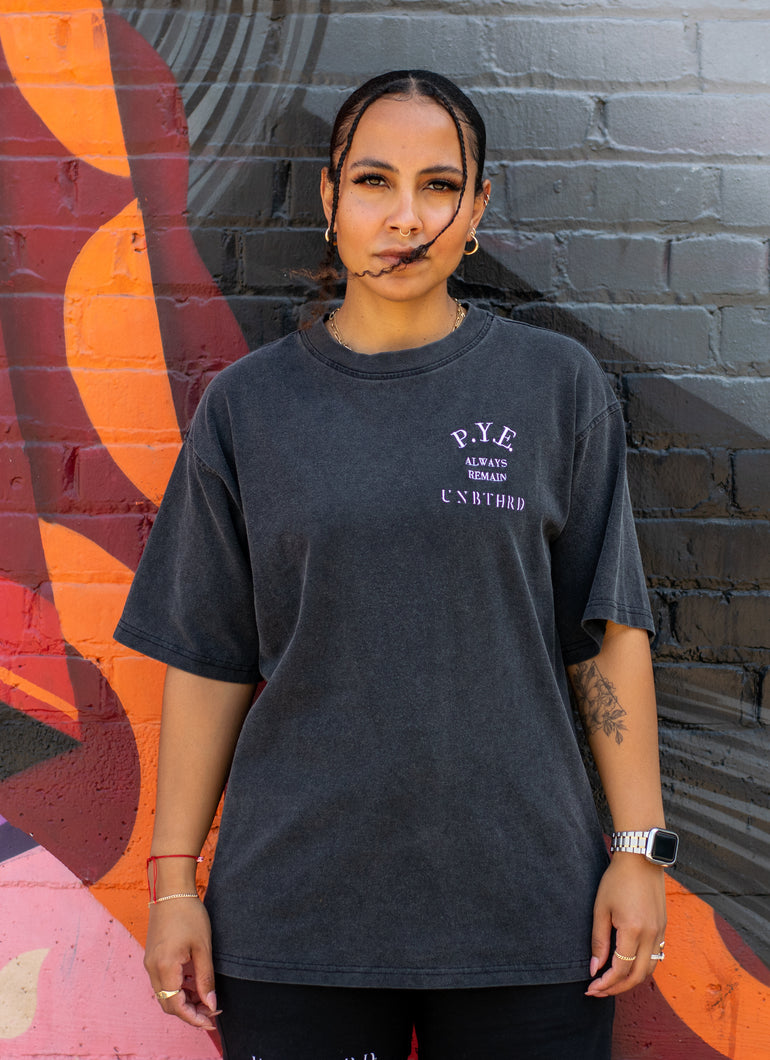 Unisex 100% cotton faded black P.Y.E embroidered logo. Protect Your Energy t-shirt 