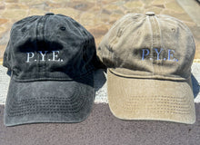 Load image into Gallery viewer, BLACK AND KHAKI UNISEX COTTON BASEBALL CAP EMBROIDERED P.Y.E. LOGO 
